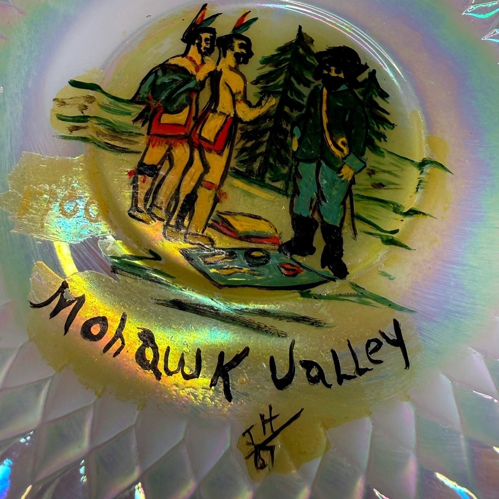Federal Glass Mohawk Valley Hand Painted Milk Glass Iridescent Saucer 6 inch